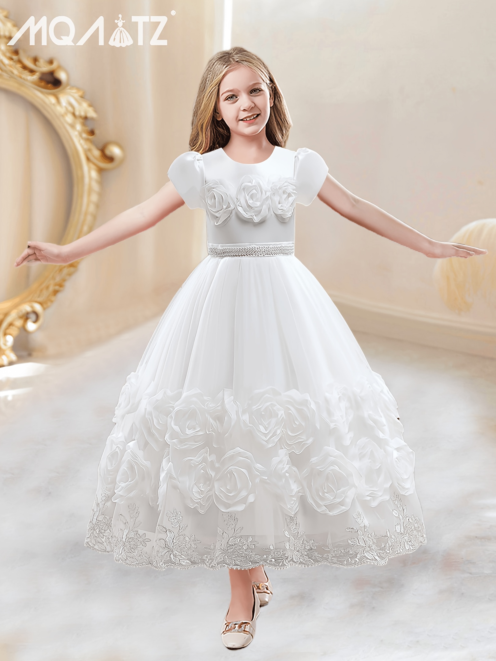 skpabo Flower Girl Dress Kids Teenager Lace Tulle Tutu Formal Long Maxi  Dress 3/4 Sleeve Bowknot Wedding Junior Bridesmaid Pageant Evening Dance  Ball Prom Gown for 5-14 Years 