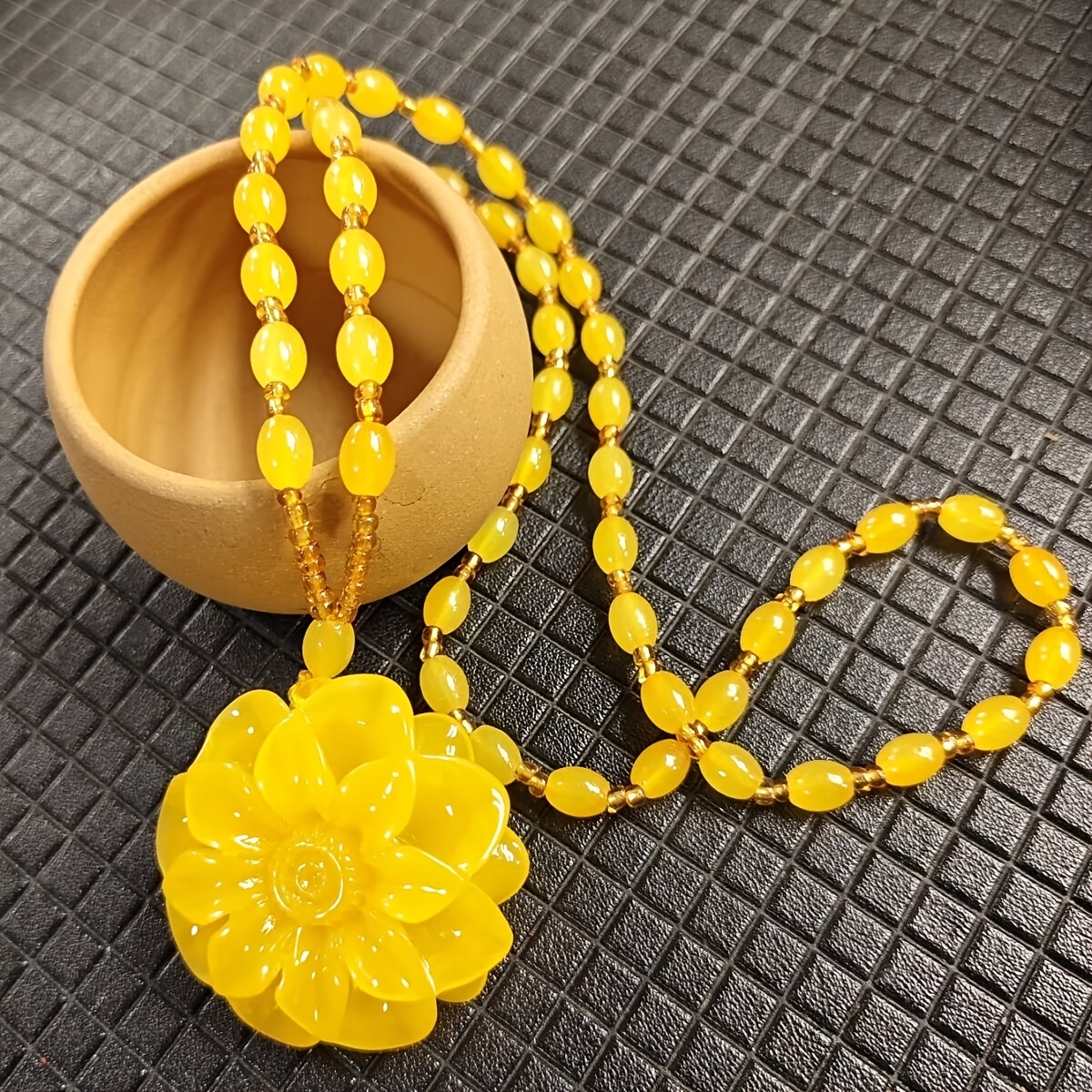 Unisex Yellow Beeswax Sunflower Pendant Necklace