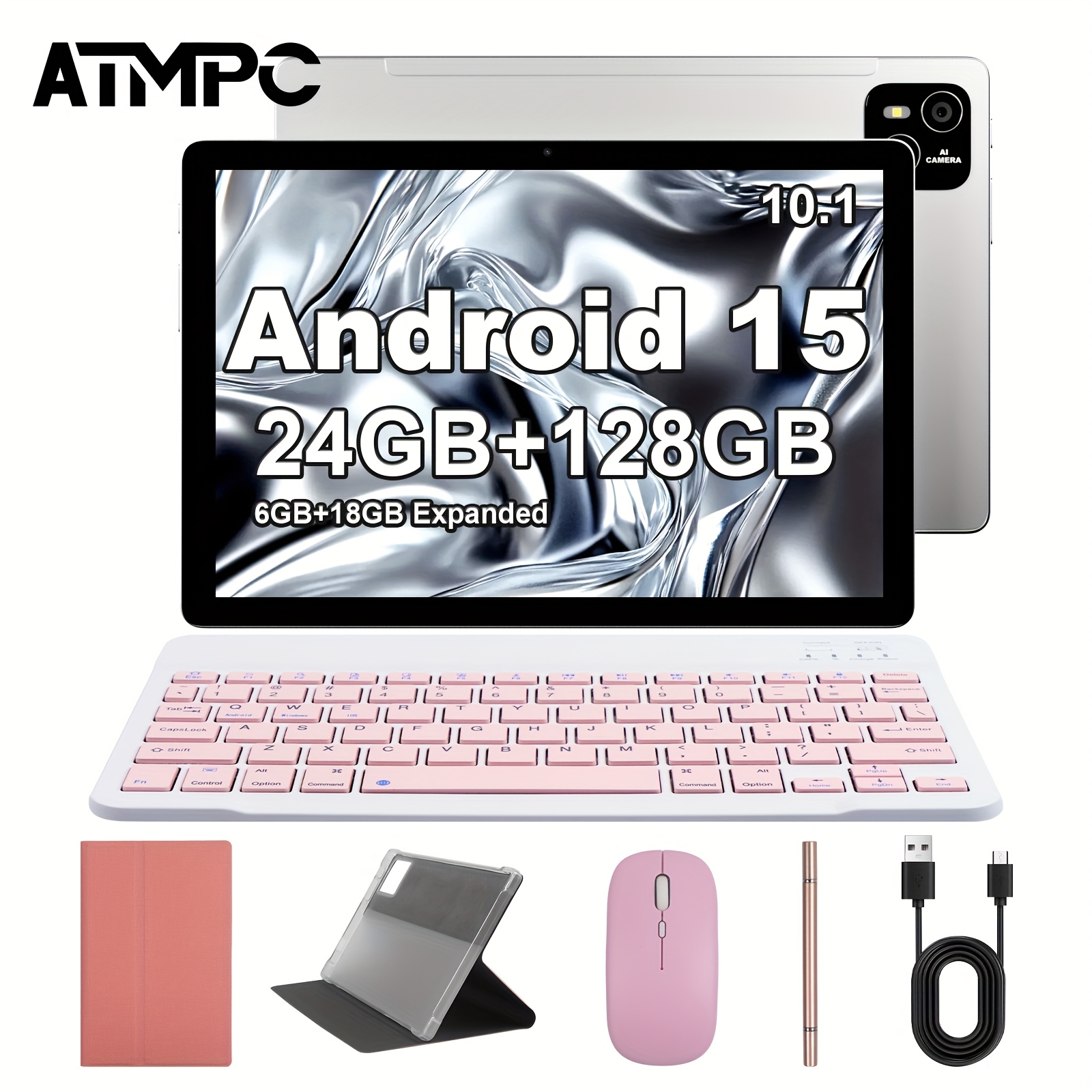 10.1 Inch Tablet Android 15 OS Pad, 2-In-1 Pad with Keyboard, Mouse, Case, Stylus, 128GB ROM 24GB (4GB+20GB) RAM, Dual Camera, High-Frequency Octa-Core Processor, 10.1 Inch IPS High-Definition Display Screen, Tab, 5G Wi-Fi 6, Google, Pad, Tablet