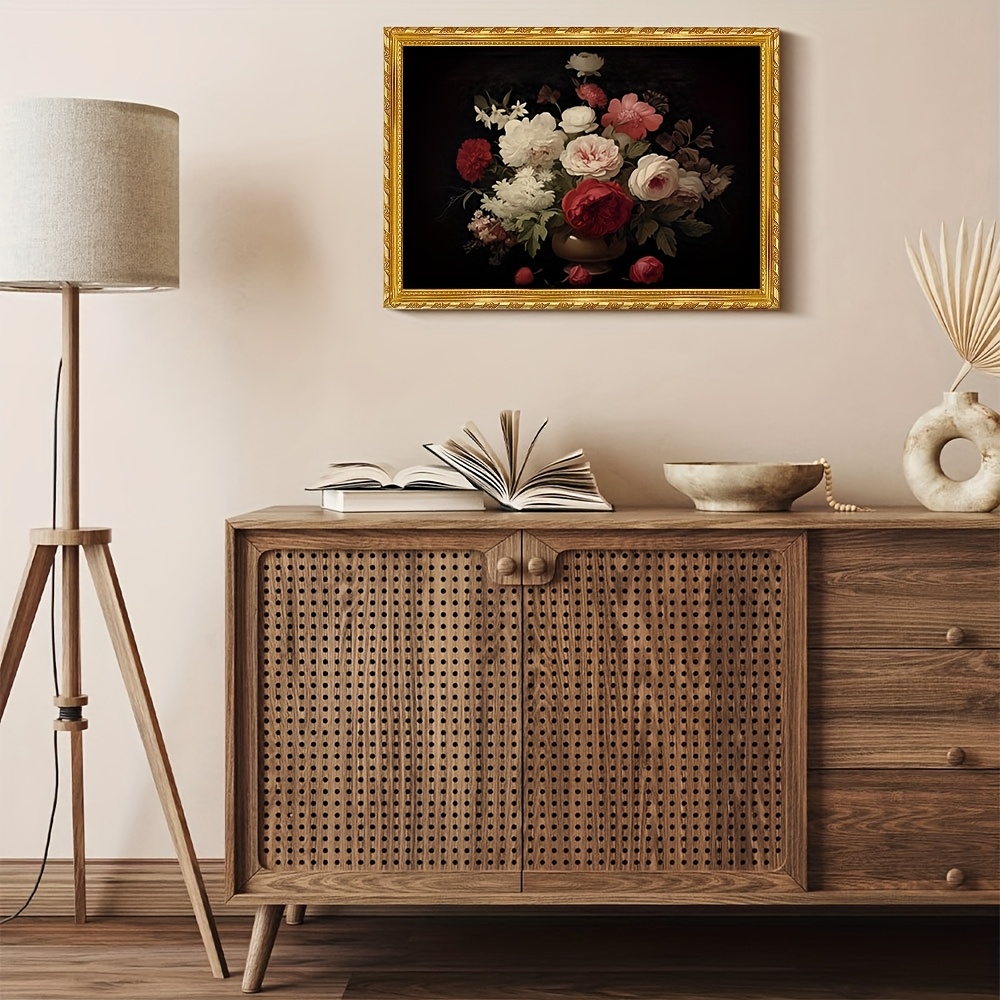2d flat 1pc elegant   canvas art with   11 8x15 7 inch dark   roses peonies painting vintage inspired wall decor for living room framed canvas wall art