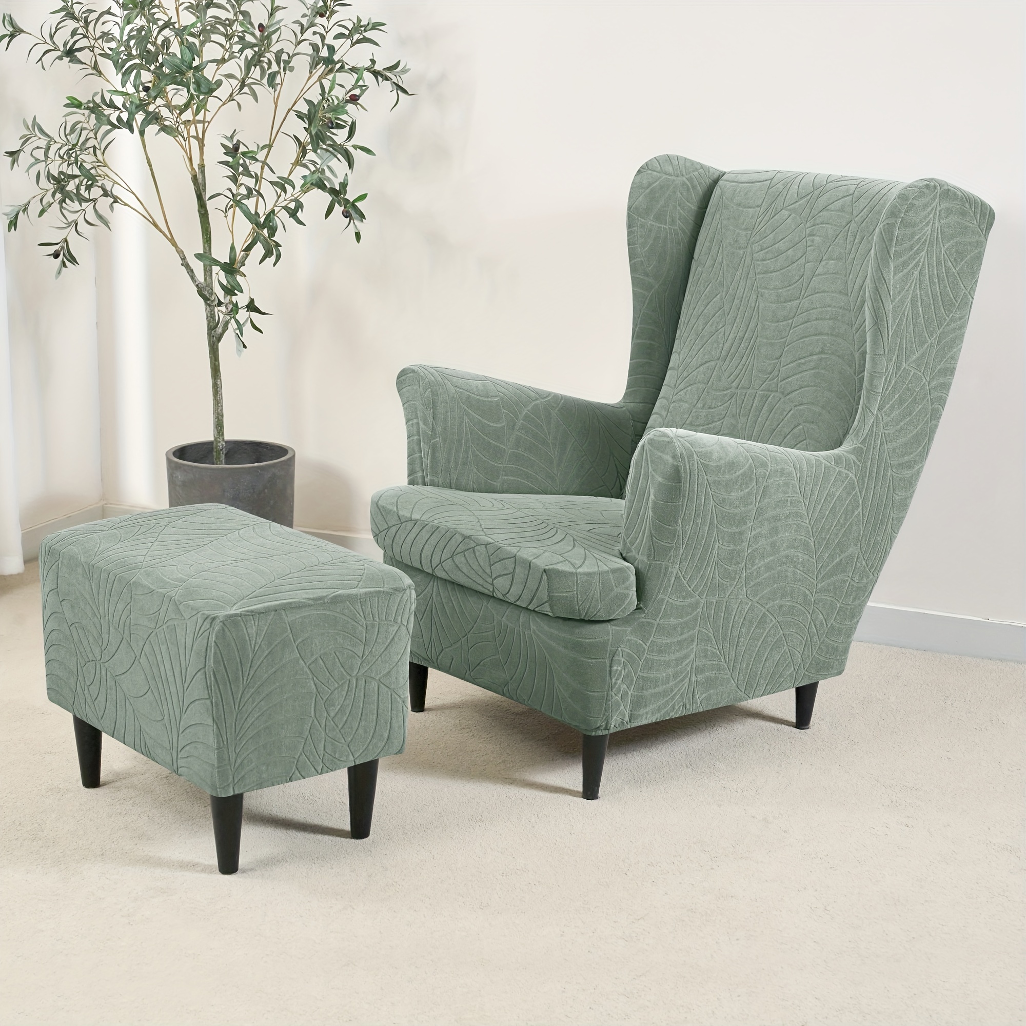 Image of 3pcs/set Stretch Cover Set Ottoman Slipcover 2pcs Wingback Chair Slipcover And And 1pc Rectangle Storage Stool Cover Removable Armchair Sofa Covers For Living Room Bedroom
