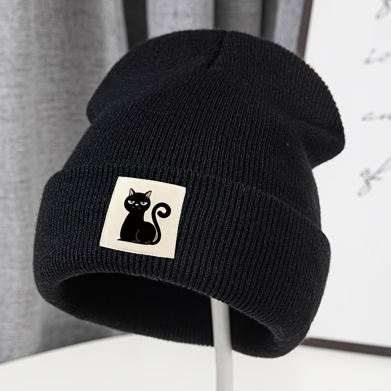 

Cat Print Knit Beanie - Unisex Acrylic Skull Cap With Elasticity For Outdoor Warmth, Lightweight Hip-hop Cuffed Winter Hat, Machine Washable Knitted Headwear With Ear Protection