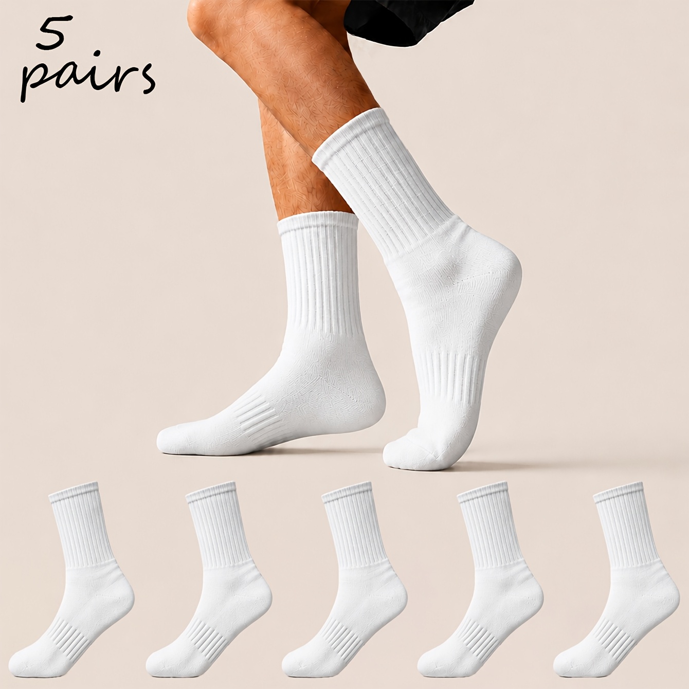 TEMU 5-pair Men' Color Ribbed Mid-calf Socks, Comfortable, Breathable, And Sweat-absorbent Athletic Socks Suitable For Gym And Running , , Easy To