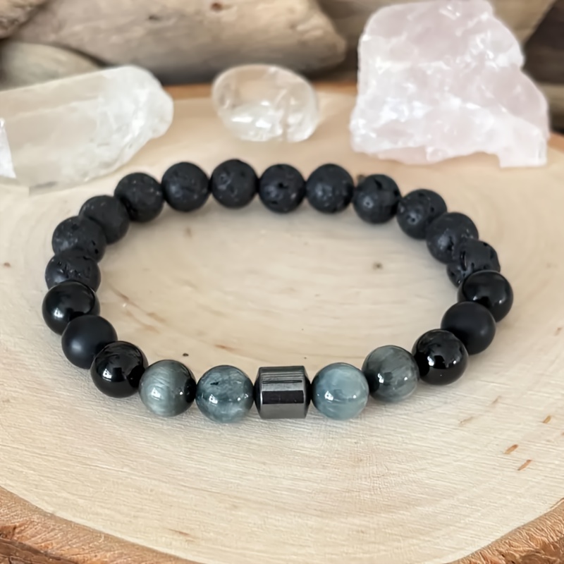 TEMU Bracelet Œil d' - Artisanal avec Naturelle Œil d', Onyx Noir 8mm et Perles d'Hématite. Symbolise Équilibre, et Force. Accessoire de Bohème pour