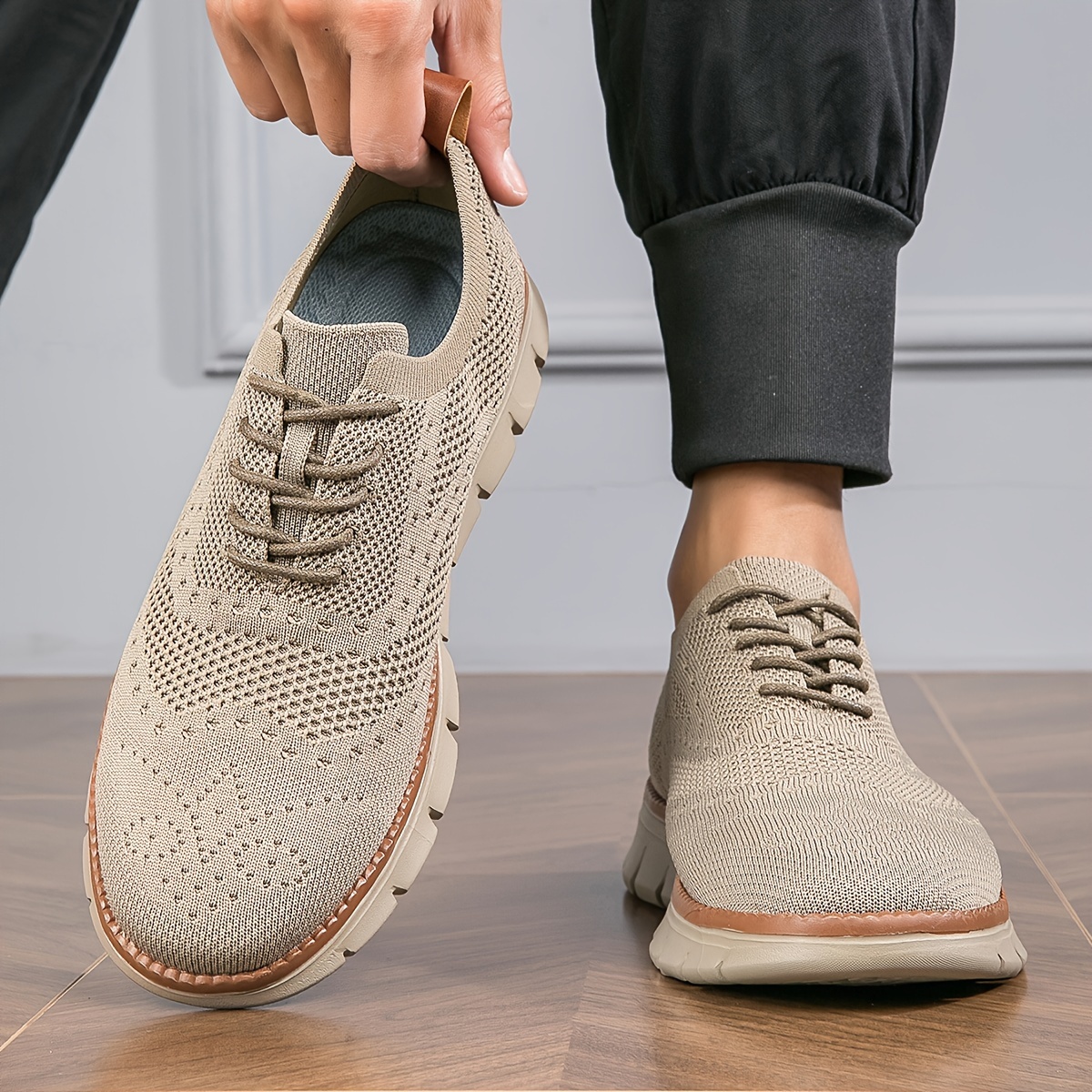 Plus Size Men's Solid Colour Woven Knit Breathable Sneakers, Comfy Non Slip Durable Lace Up Shoes For Men's Outdoor Activities