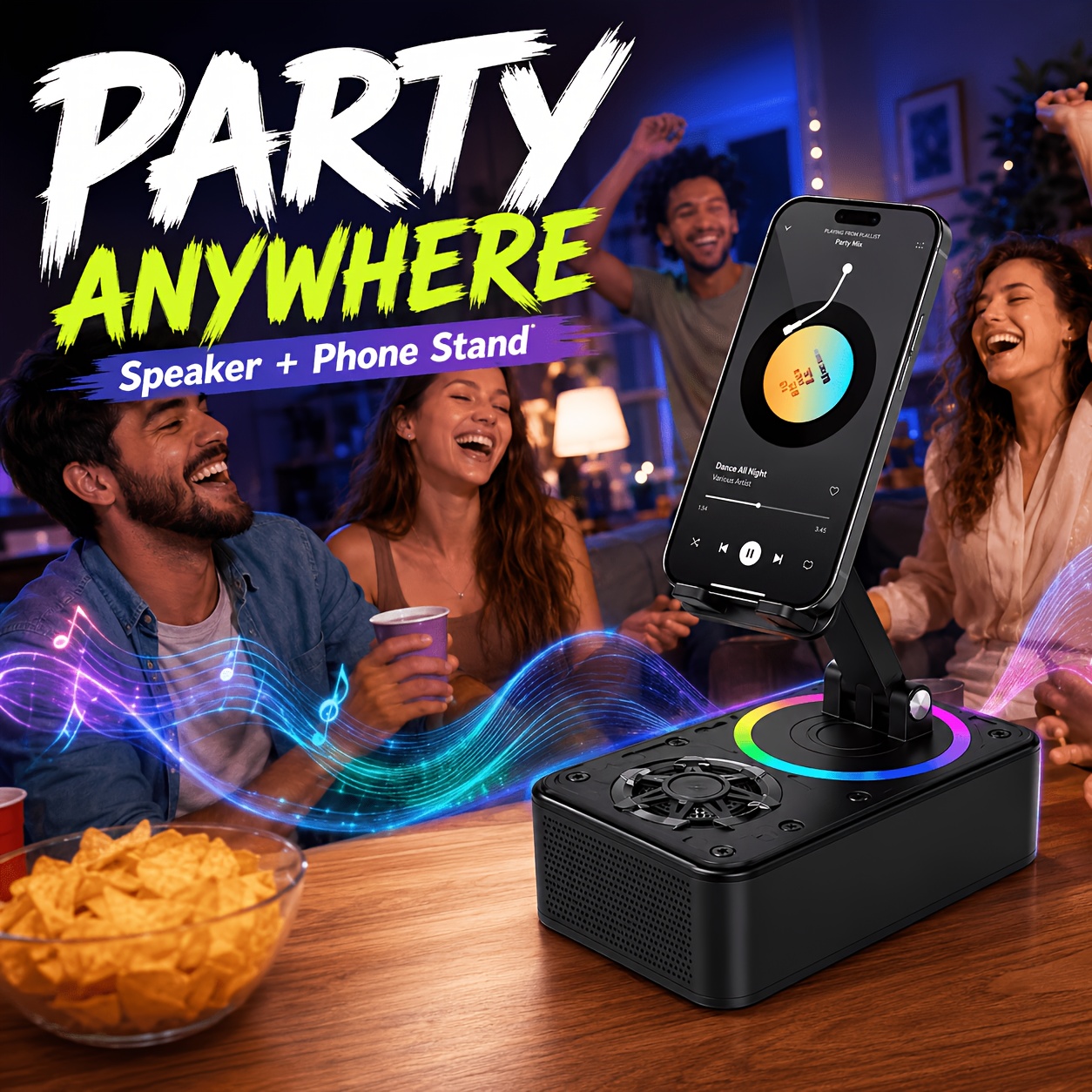 TEMU The 2026 Upgraded Portable Wireless Speaker With Phone Stand, Led Light Anti-slip Base - Colorful Ambient Light - Usb Charging Cable - For Home,