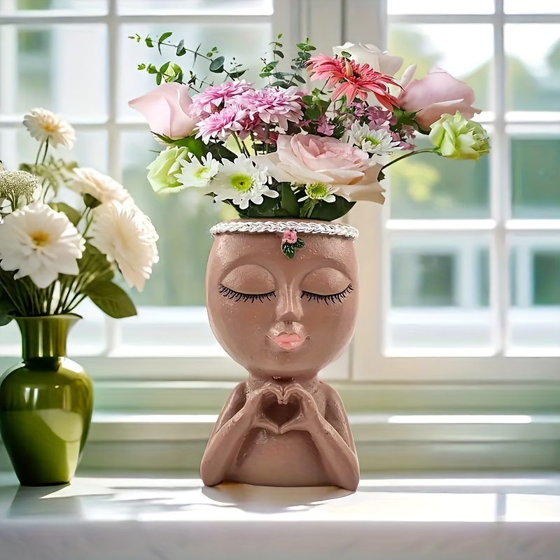 

1pc, Face Flower Pot Girl Planter Figure Art Statue Ornament Home Human Resin Decorative Potted With Drainage Hole Gift For Indoor Outdoor Garden Decor