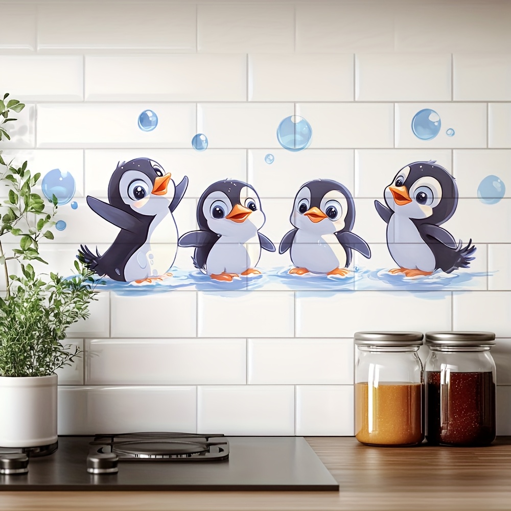Image of 1pc Cute Penguin Playing With Water Wall Sticker - Blue And White Pvc Decal, Suitable For Kitchen And Bathroom Wall Stickers, Peel And Stick Decal, Design Sticker | Penguin Sticker