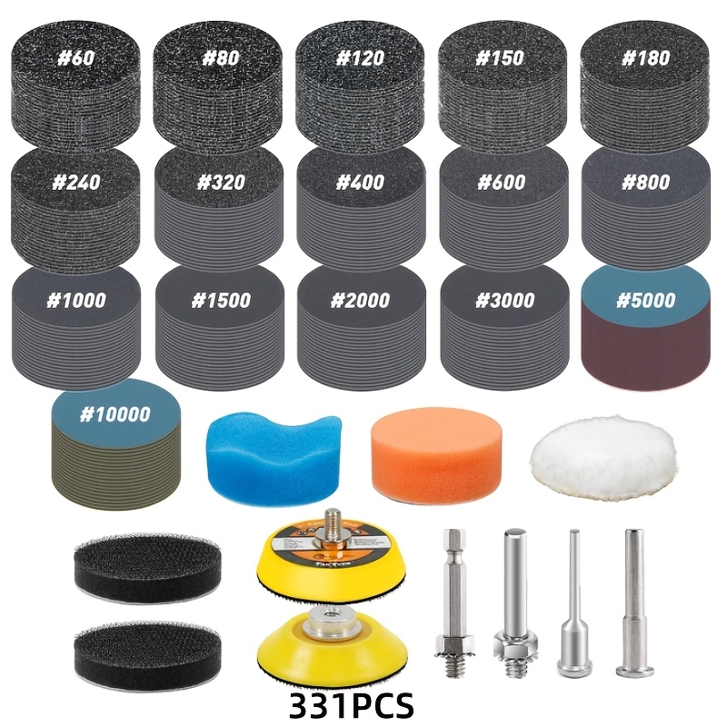 TEMU 331pcs 50mm Wet Dry Sanding Discs 60-10000 Grit Sandpaper For Drill Sanding Attachment, Backing Pads Polishing Kit For Resin Wood Jewelry Metal