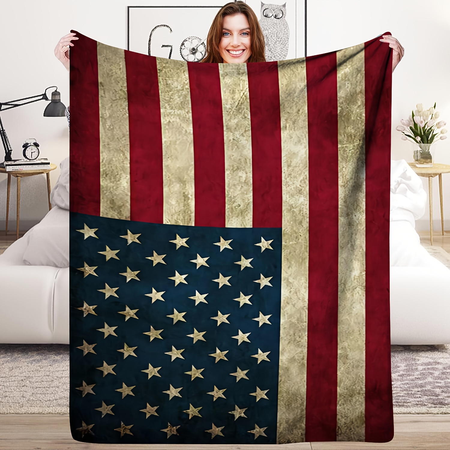 

Soft Flannel American Flag Throw Blanket - Perfect Friends, Cozy All-season Bedding Flannel Blanket