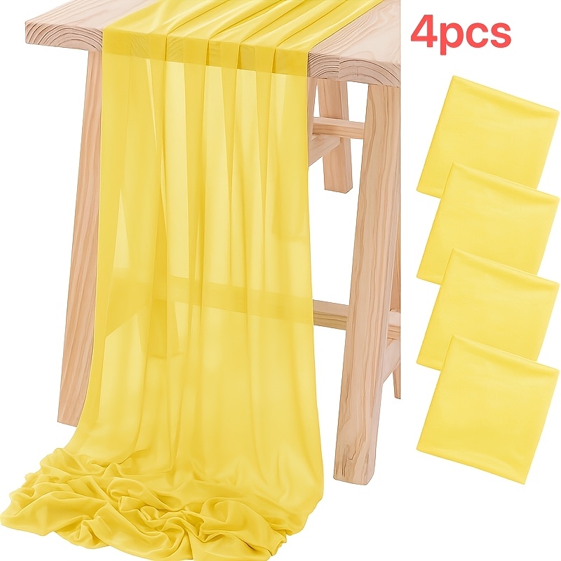 Image of 4pcs Yellow Chiffon Semi Fabric Table Runners, 11.4x118 Inch - Perfect For Wedding, Banquet, Birthday Party And 's Day Decorations, Table Runner