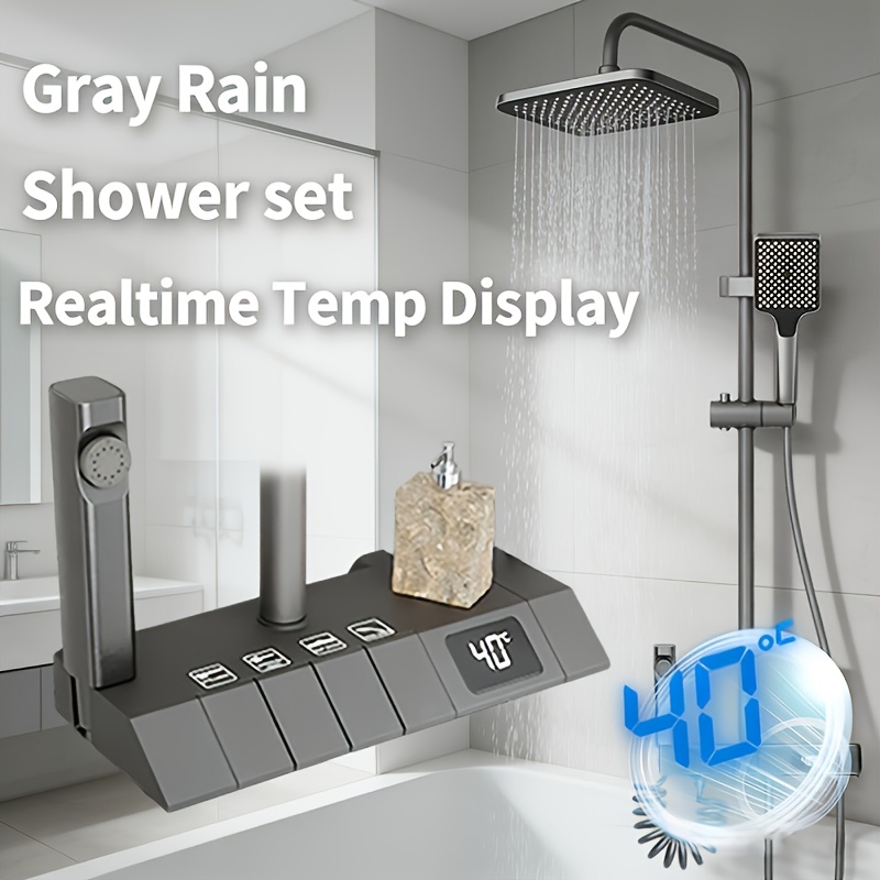 TEMU Matte Gray Rain Shower Set With Realtime Temp Display, 4 Wall Mount Shower System, Large Square , Handheld & Side Body Spray, Solid Anti-rust