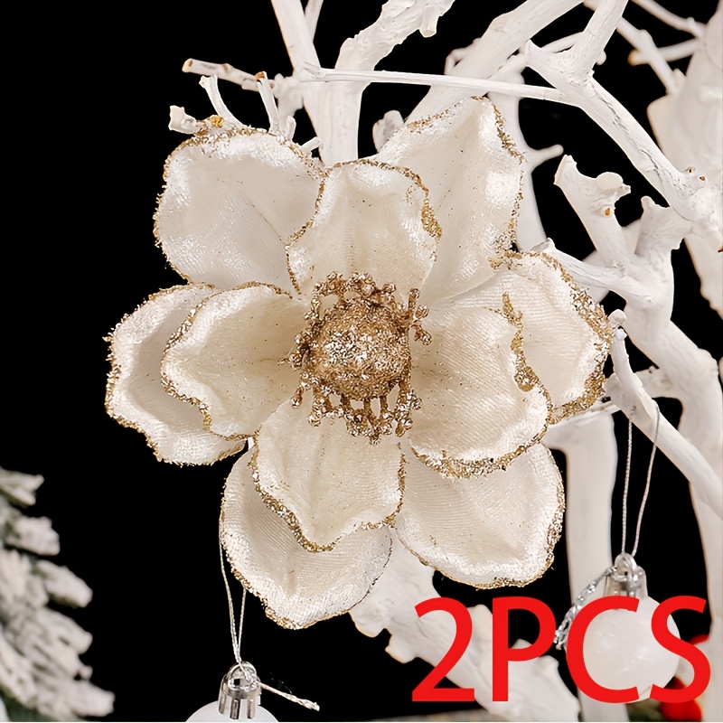 TEMU 2pcs Tiecawk Glitter Artificial Ornaments - Realistic Faux Magnolia With Hanging Suitable For Christmas Tree, Wedding, New Year Decorations, Diy