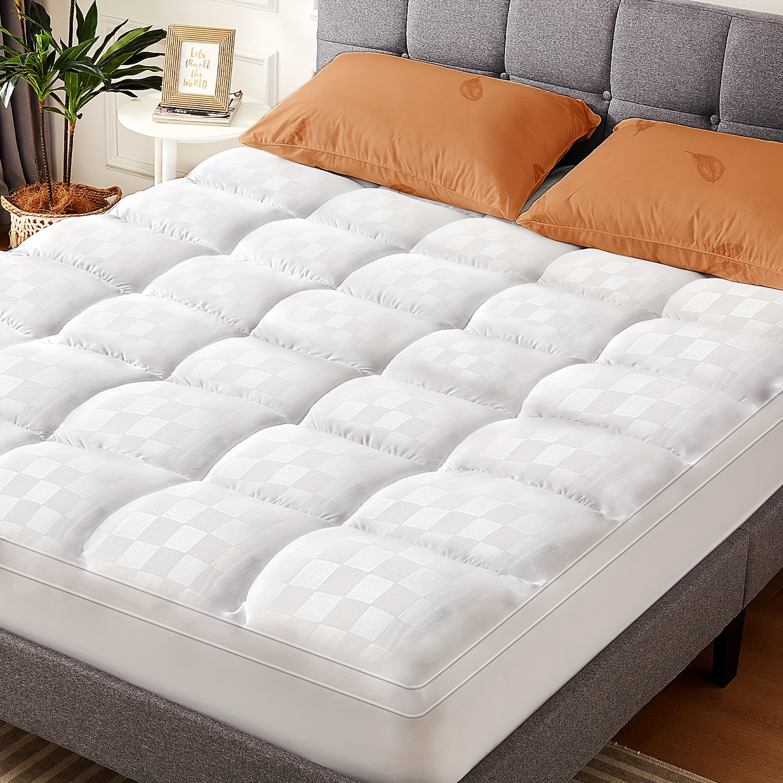 

800gms Mattress Topper For , Extra Thick Mattress Pad Cover, Plush Soft Pillowtop With Elastic Deep Pocket, Overfilled Down Alternative Filling