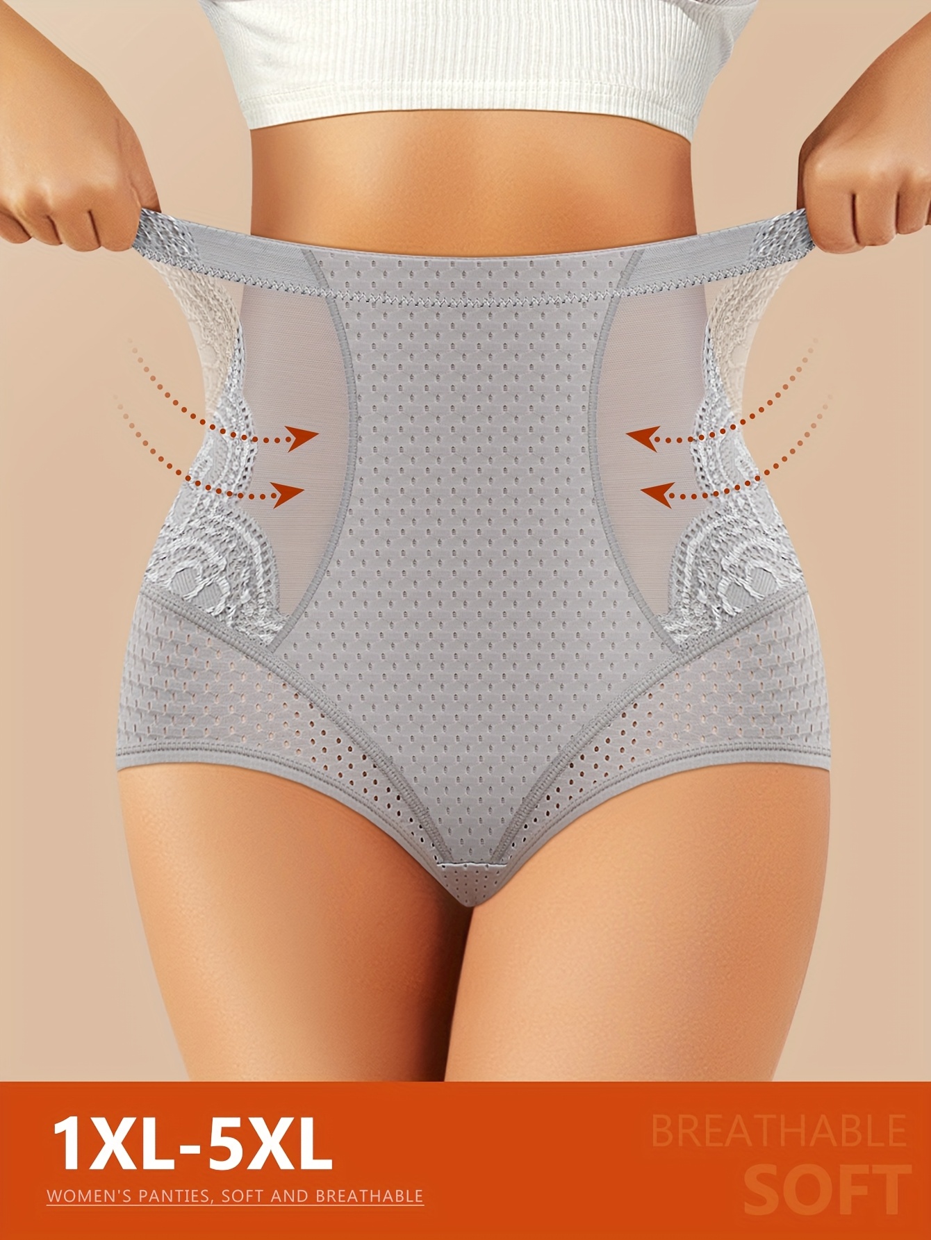 MIOTAN Women's High-Waist Tummy Control Shapewear Panties, 1XL-5XL, Breathable Mesh Lace Design, Grey, Comfort Fit for Casual Attire, Tummy Control Underwear, MIOTAN