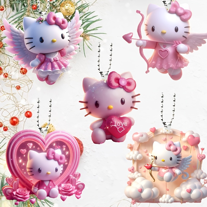 

2d Flat, 5pcs Sanrio Hello Kitty Hanging Ornaments Set - Pink Acrylic, Festive & Cute Designs For Valentine's Day, Weddings, Car Mirrors & Bag Decorations