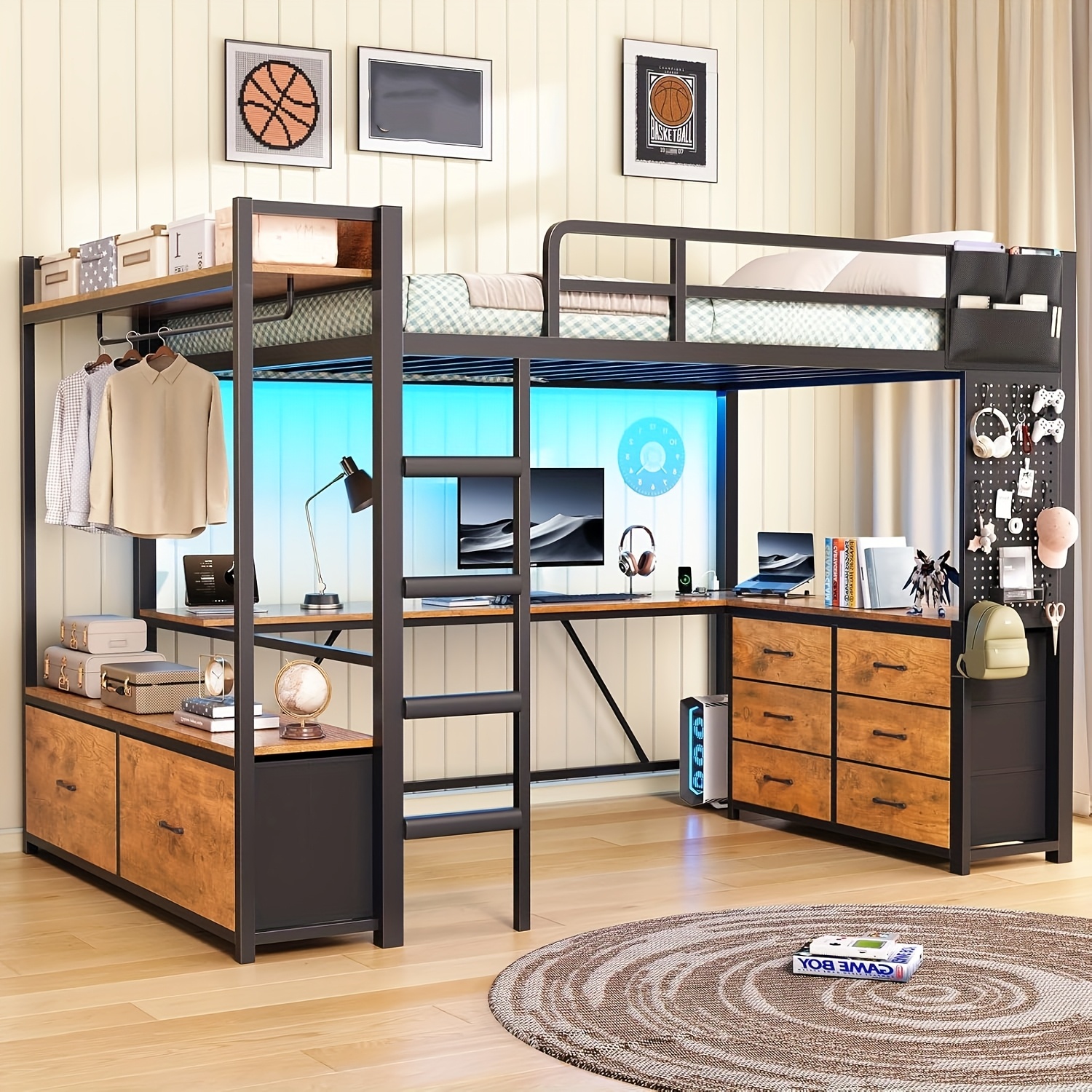 TEMU Twin Loft Bed With L-shaped Desk And 8 Storage Drawers, Modern Metal Loft Bed With Led Lights, Safety Guard & Ladder