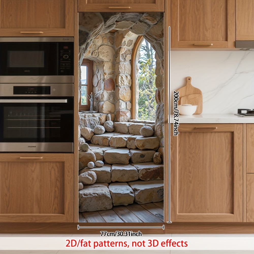 Image of 1pc Stone Steps Pvc Door Sticker - Realistic 3d-like Glossy Stone Texture Removable Wallpaper-like Decal For Walls, Doors, Floors - Stone Look (no Tools/residue) - /outdoor Use In, Backyard, Cabin