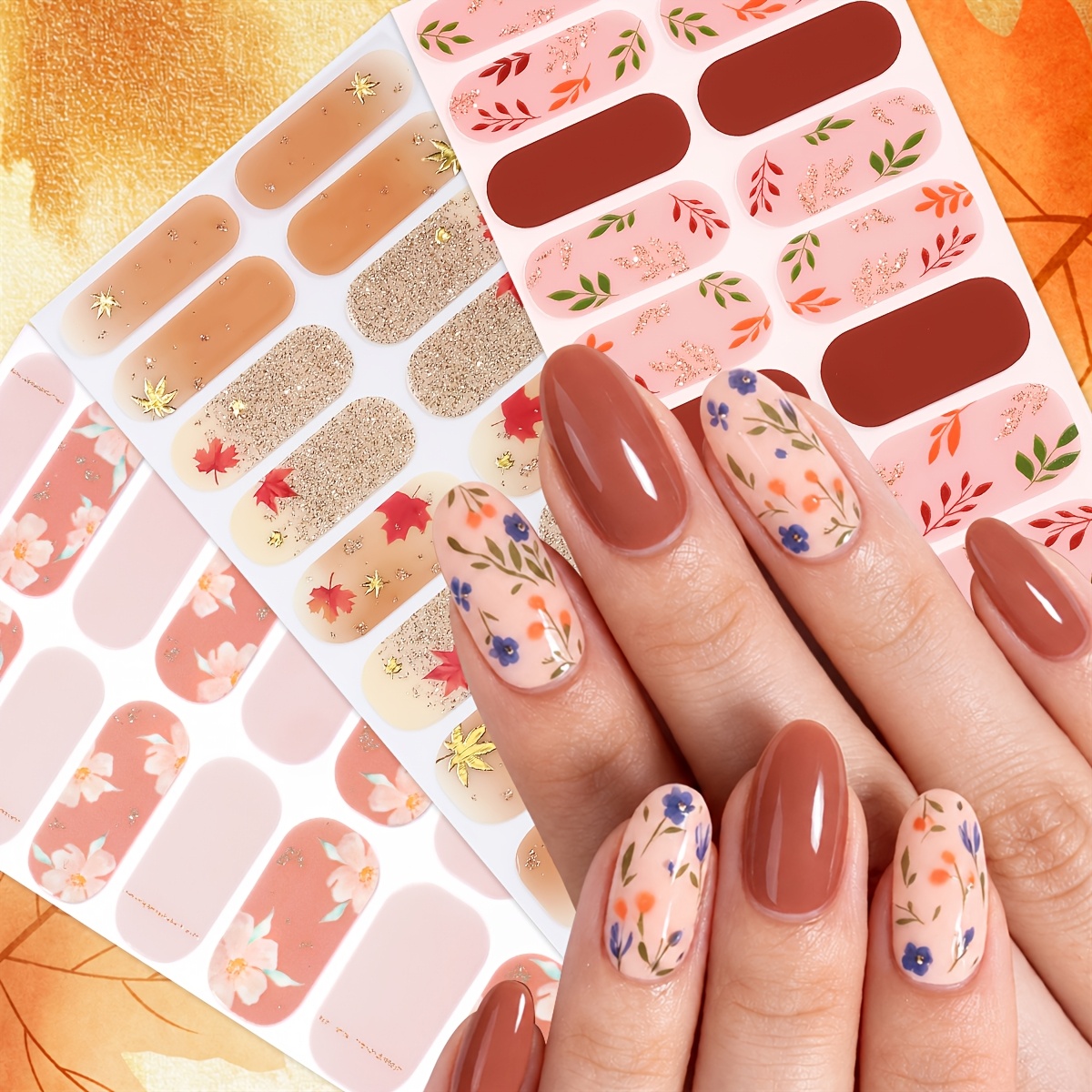 TEMU 3pcs Showyboo Maple Leaf Nail Wraps Suitable For Women, Self-adhesive Full Nail Stickers With Glitter Floral, Sweet Fall Theme Diy Nail Art For