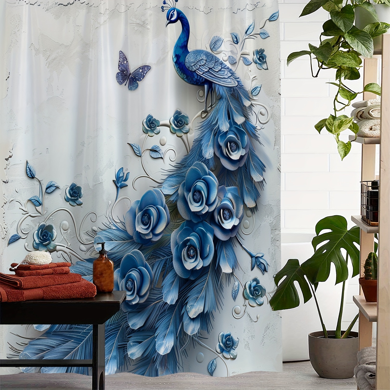 

1pc Peacock Floral Pattern Shower Curtain, Waterproof Shower Curtain With 12 Hooks, Bath Curtain, Bathroom Partition, Room Decoration, Machine Wash Window Bathroom Decoration