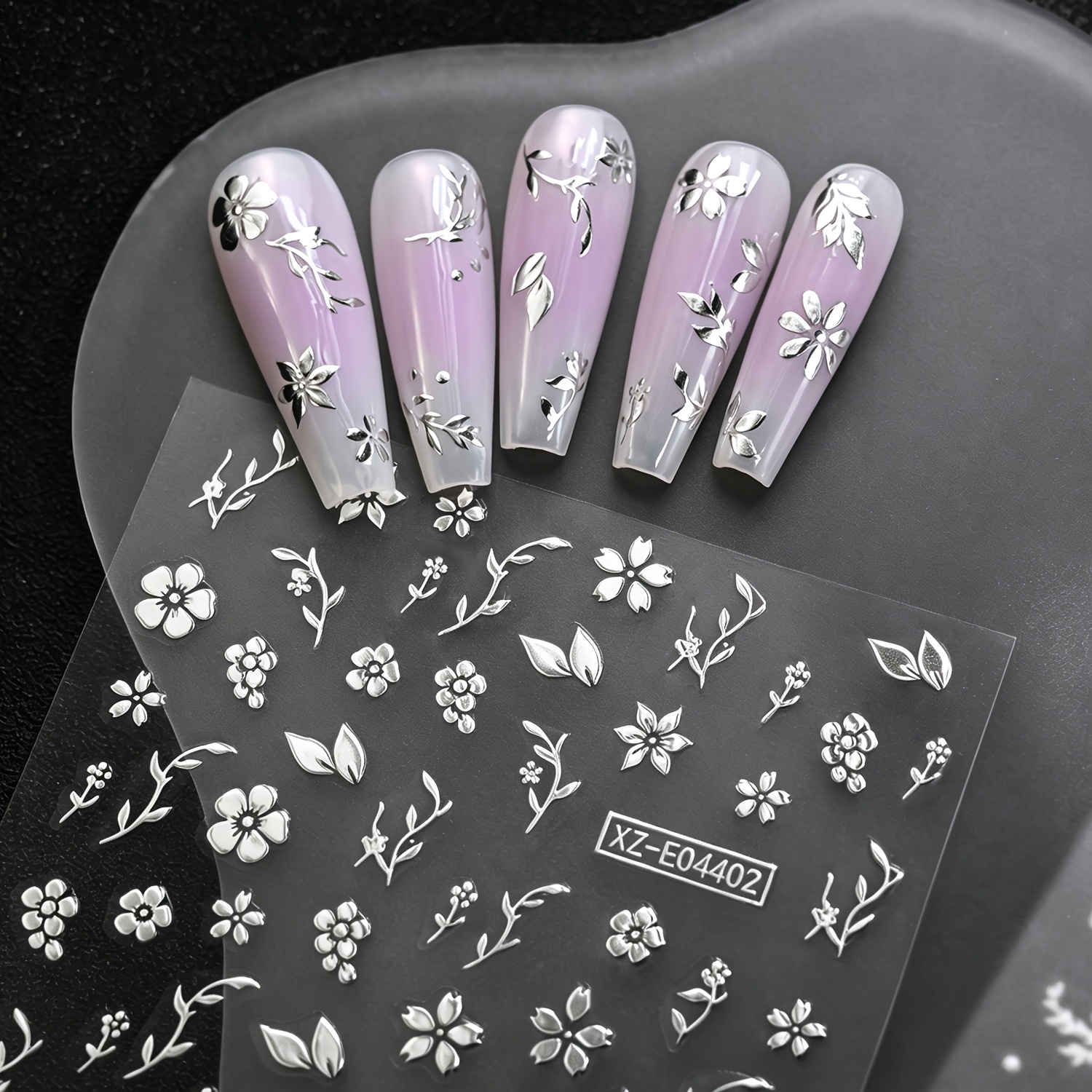 6 Sheets Silvery 3D Embossed Nail Stickers with Floral Designs