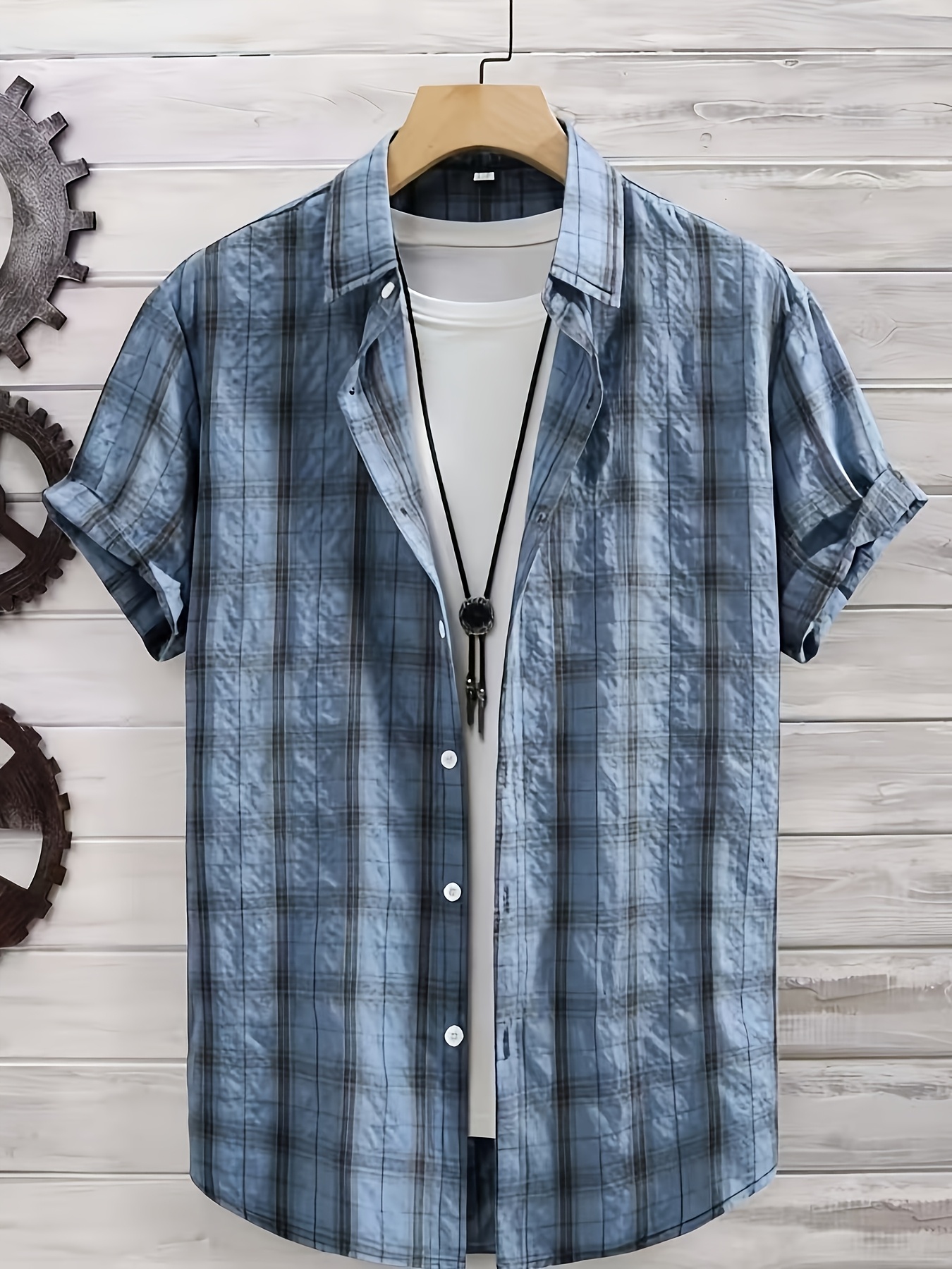 summer mens plus size casual textured plaid short sleeve shirt new loose fit outdoor   outerwear button collar shirt
