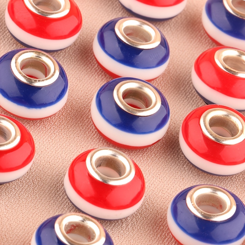 TEMU 20pcs Large 14mm Red Blue White Striped Resin Beads With 5mm Holes - Suitable For Making, Chain Bracelets, Necklaces, Holiday Crafts, Threading