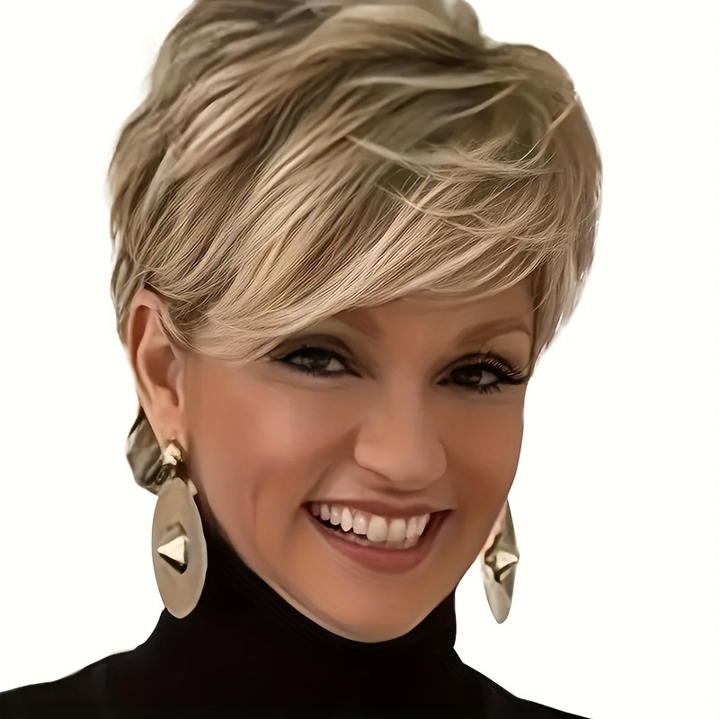 Elegant Short Straight Cut Bob Wig - 1pc Highlight Synthetic Hair With Bangs - Ombre Honey Brown Mix Blond, 150% Density