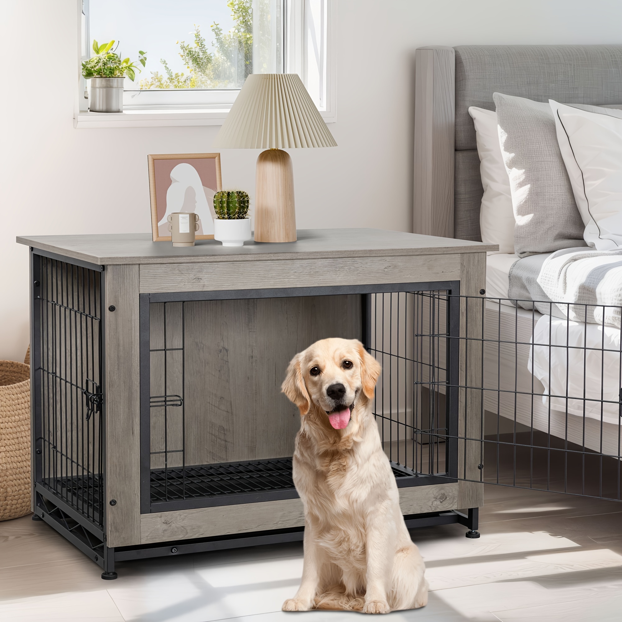 wooden dog crate furniture double door indoor dog Temu