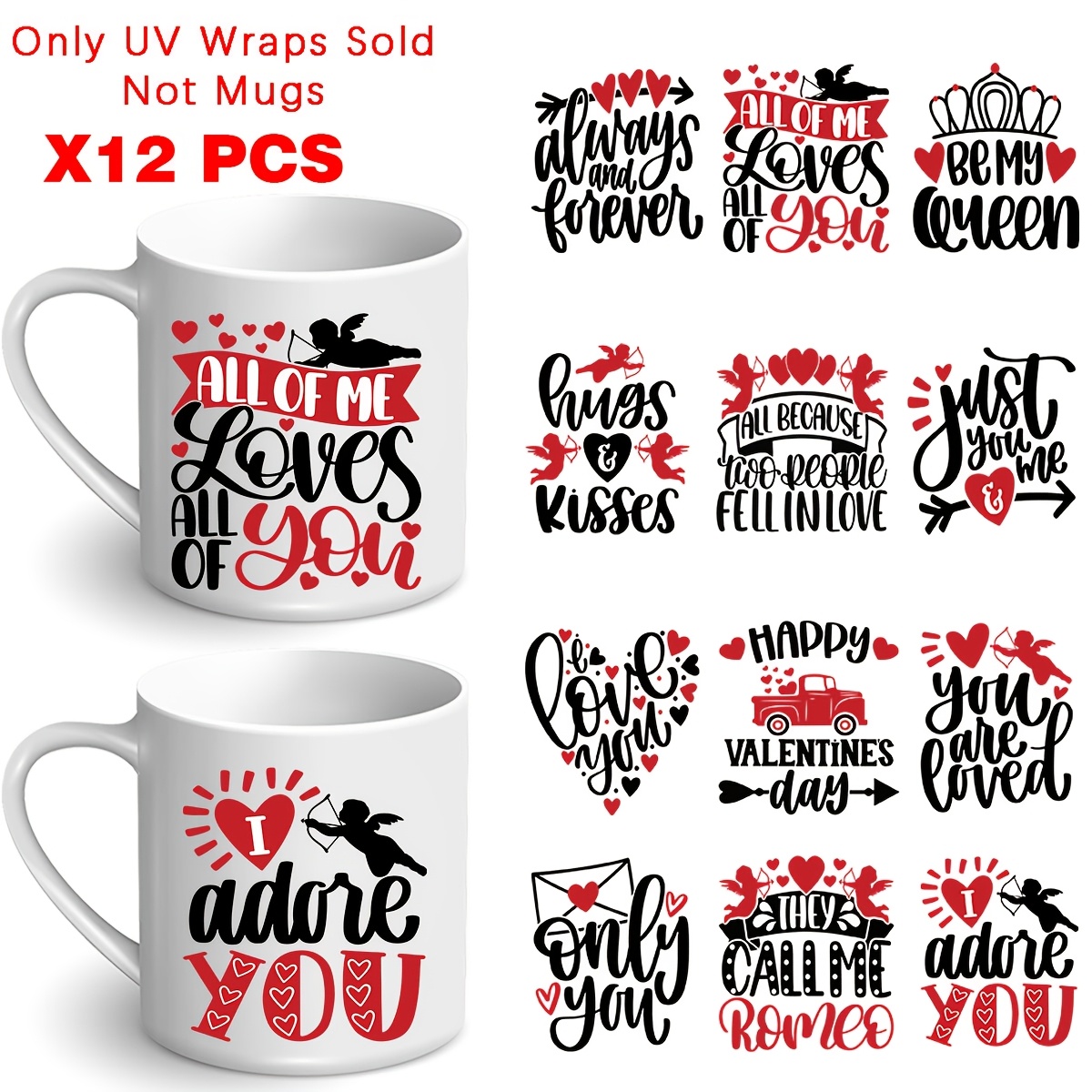 

12pcs Valentine's Day Uv Dtf Cup Transfer Paper - Waterproof Plastic Decals For Mugs, Bottles, School Supplies - , Long-, Reusable Diy Arts & Crafts Decor