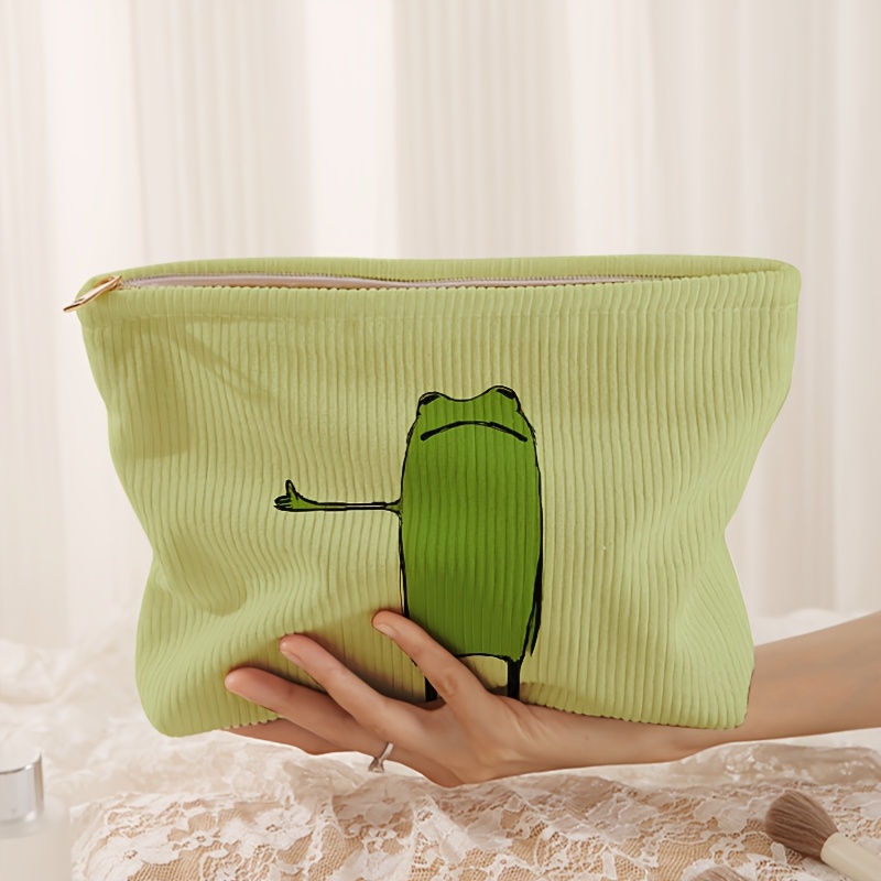 

Cartoon Frog Print Corduroy Zippered Cosmetic Bag, Polyester, Unscented, Travel Makeup Pouch With , Lightweight Toiletry Organizer