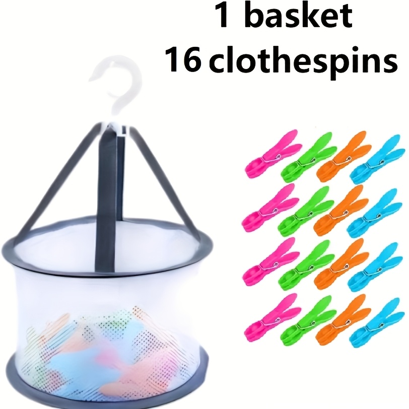 17pcs Set, 16 Clips + 1 Storage Basket, Designed For Organizing Household Laundry, Including Underwear, Socks, And Clothes, While Optimizing Space