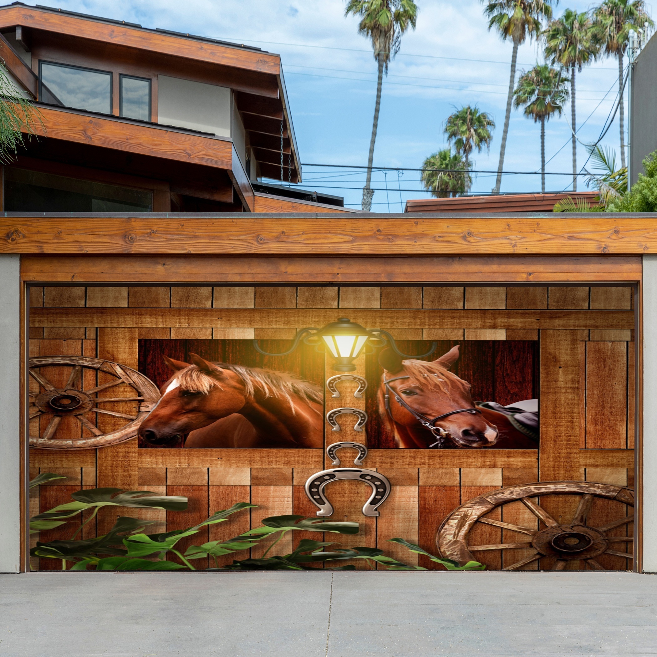 

Large 18ft X 9ft Horse-themed Outdoor Garage Door Tapestry - Durable Polyester, Perfect For Villa, Warehouse, And Festive Decor Horse Home Decor