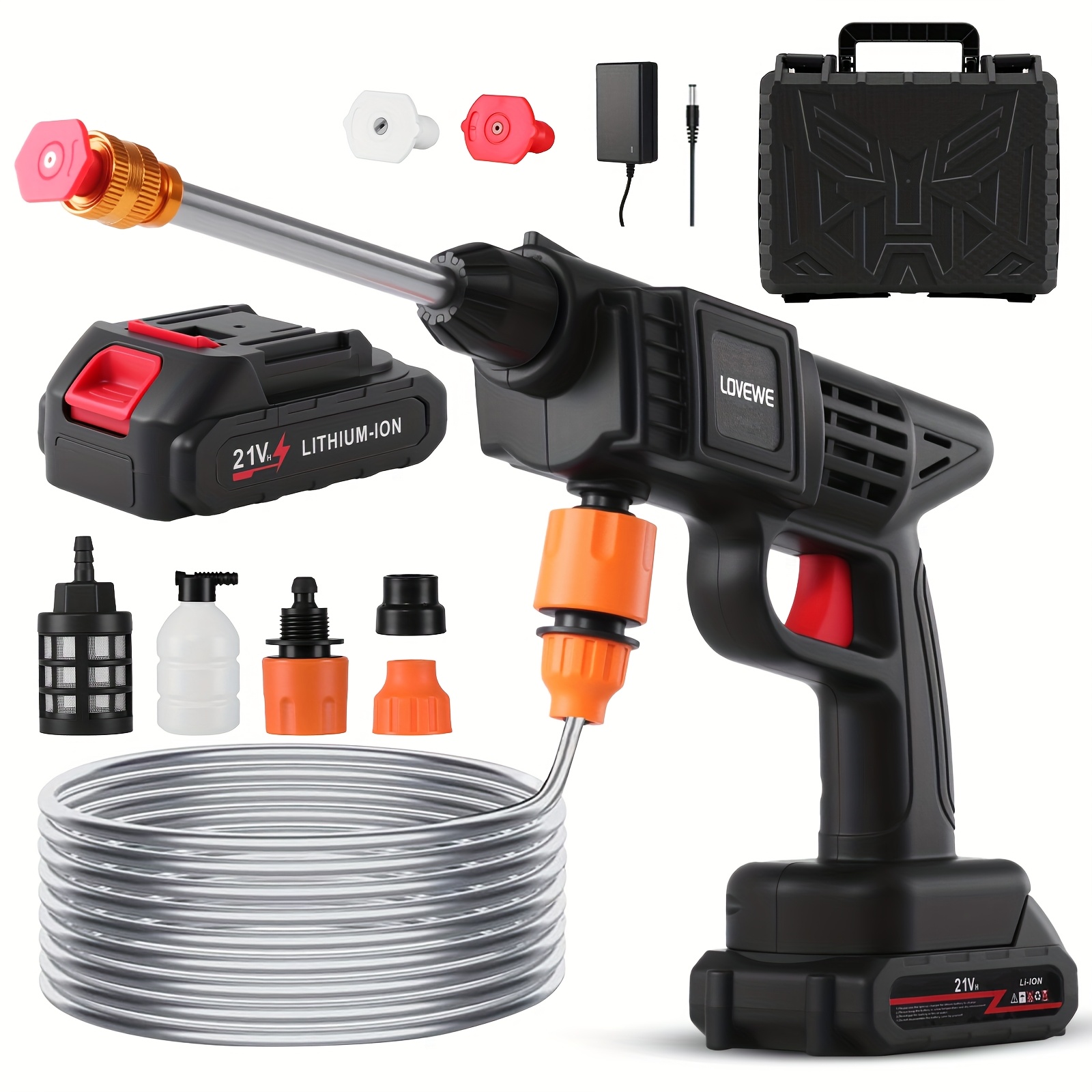 TEMU Lovewe 300 Watt Cordless High Pressure Electric Car Wash - With 6-in-1 Nozzle, 1.3gpm Handheld Car Wash Gun, For Car Wash/home/floor/garden Cleaning, Includes1/2 X 15000mah Batteries, , For Day
