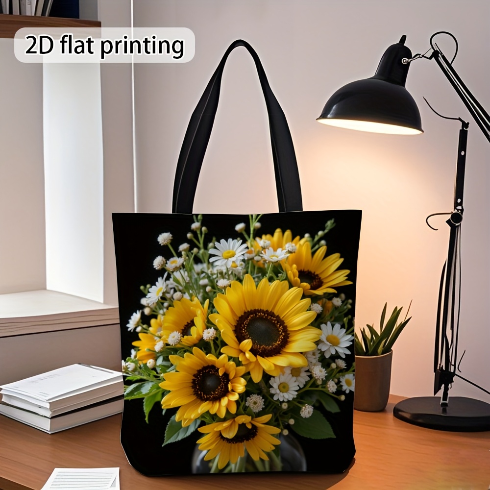 TEMU 1pc, Women's Handbags, Sunflower Floral Print Tote Bag - Durable Messenger Bag, Lightweight Design, And White Floral Print, Great For Shopping