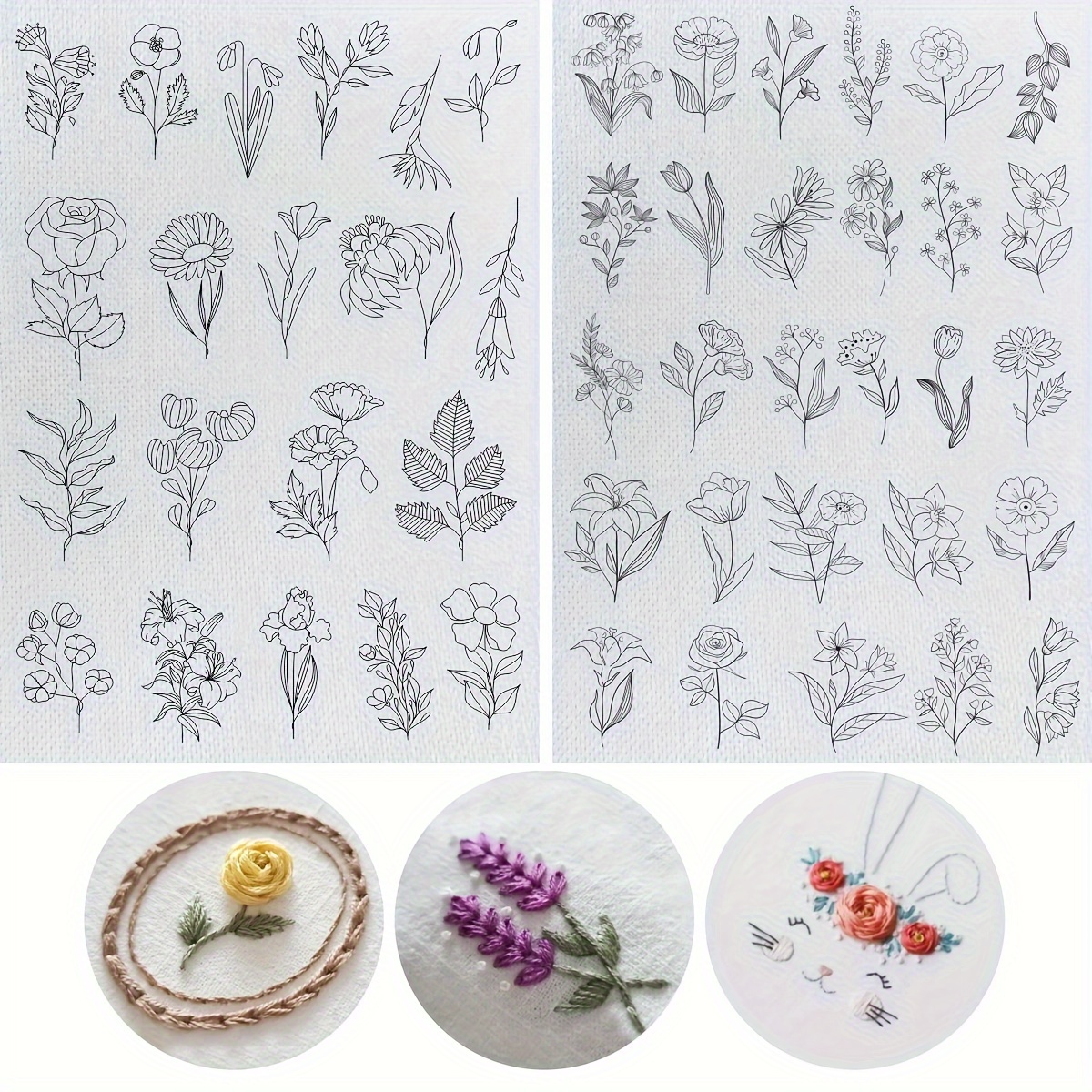 

48-Pack Blanc Floral Iron-On Transfer Patches, Pré-imprimé Water-Soluble Embroidery Stabilizer Set avec de Fleurs et de Feuilles pour les Amateurs de Couture et de DIY