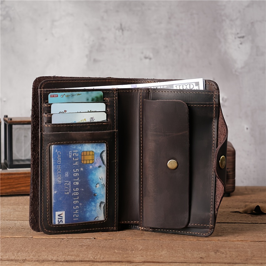 

Men's Genuine Top- Leather Bifold Wallet With Card Holders And Coin Pocket, Cowhide Purse, Polyester Lined, Closure