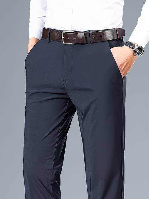 2025 new mens high ice silky nylon pants smooth texture regular fit solid color business casual trousers for office casual attire formal trousers classic belt loops high fabric