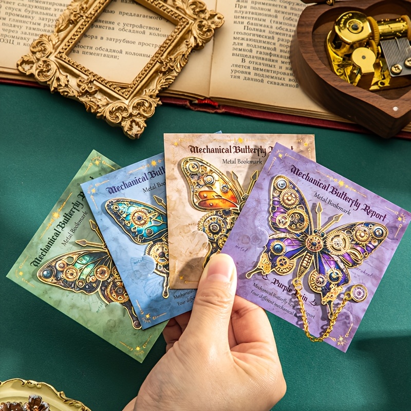 TEMU 4 Set Vintage Bookmarks Mechanical Metal Page Markers With Hanging Chains Decorative Functional Book Accessories For Readers, Collectors