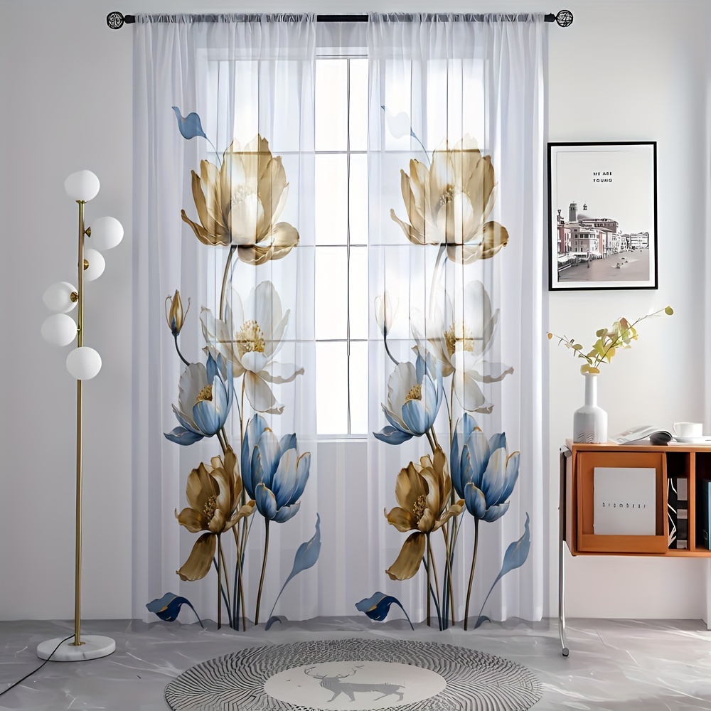 

2pcs Lotus Pattern Semi-sheer Curtains, Rod Pocket Decorative Window Drapes, Window Treatments For Bedroom Living Room, Home Decoration, Room Decoration