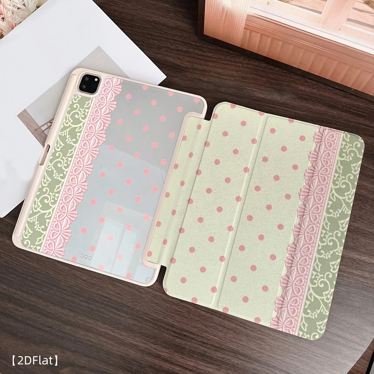 TEMU Retro Green Pink Polka Dot Lace Print Stand Tablet Case With Built-in Pencil Holder Clear Transparent Back Auto Sleep/wake Shockproof Reinforced