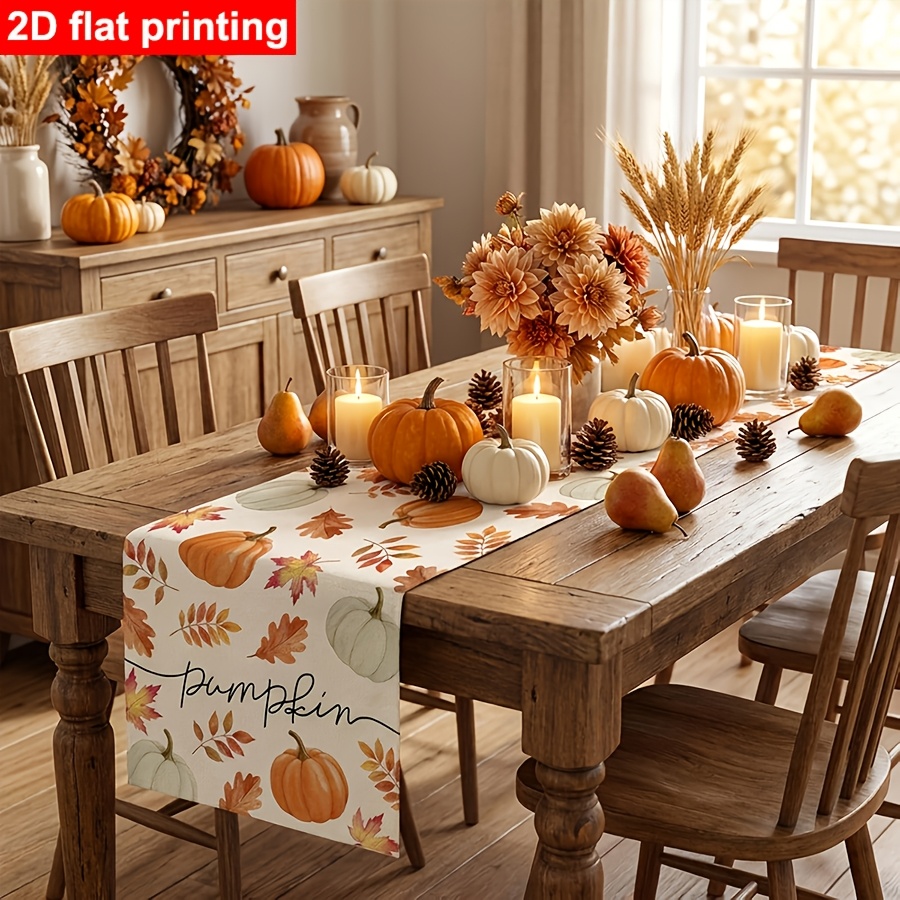 TEMU 1 Chemin de table de décoration de récolte pour Thanksgiving - Décoration de table d'automne avec imprimé citrouille et feuille d'érable, avec