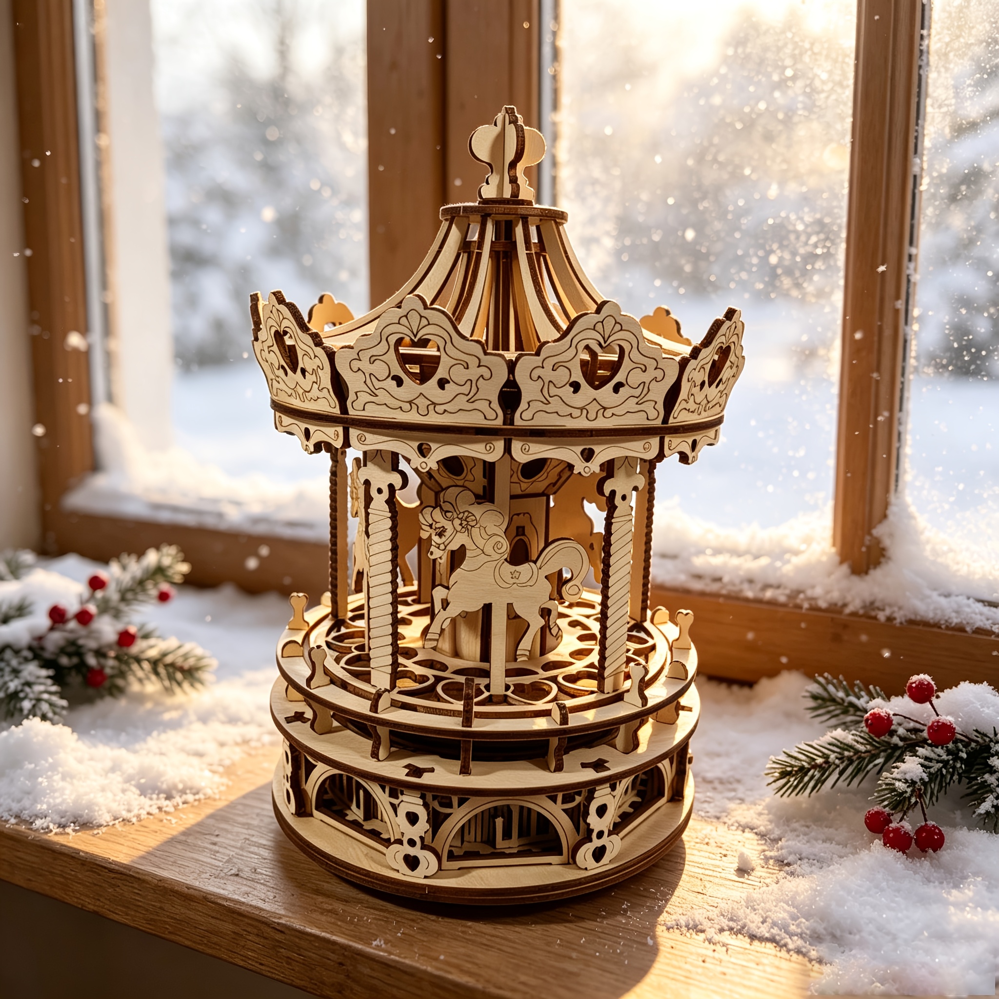 3D Wooden Carousel Mechanical Music Box Puzzle
