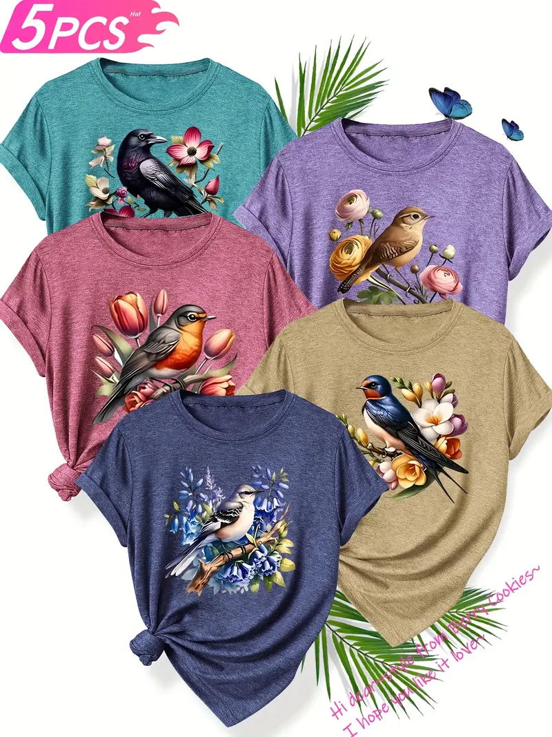 5pcs set of sisters simple and cute animal plant flower pattern printed elegant womens spring summer and autumn round neck short sleeve t shirt multi color s xxl Product details 4