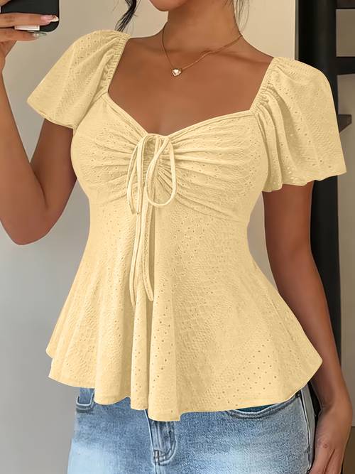 fashionable and elegant spring summer new arrival y2k solid color jacquard comfortable and breathable v neck drawstring short sleeve top womens t shirt