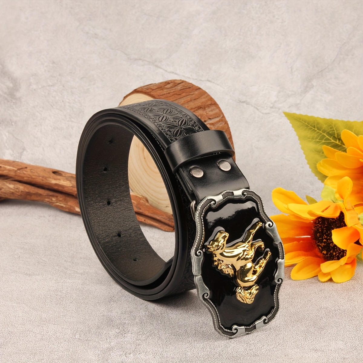 Men's Western Wide Belt with Perforated Buckle Pattern
