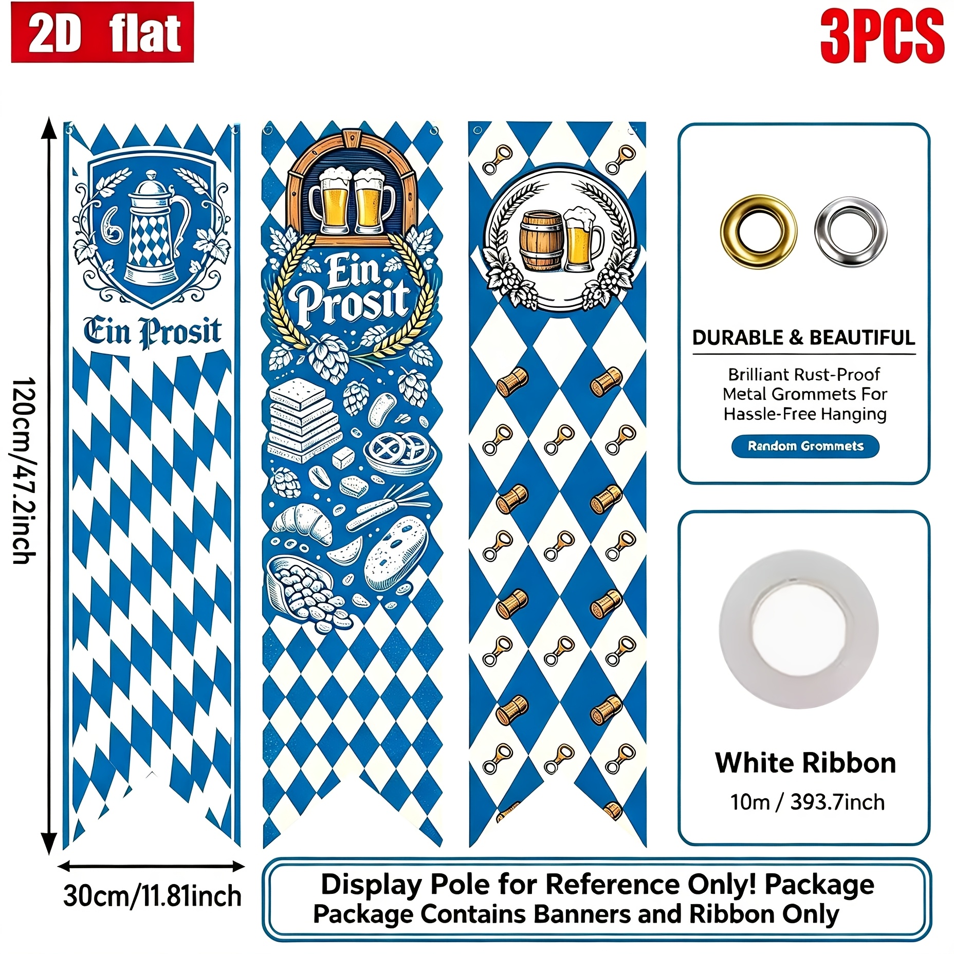 TEMU 2d Flat, 2d Flat - 2d Flat, 2d Flat - 2d Flat Banner, 3pcs, Light Blue White Check Beer Cheers Vertical Porch Banner, Hop Wheat Pretzel Beer