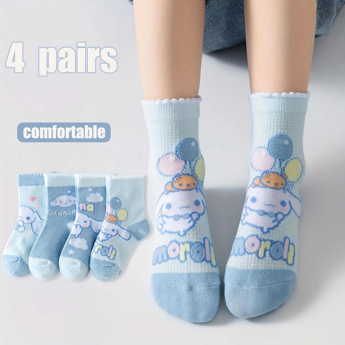 TEMU 4 Rabbit Pattern Girl's Cotton Mid- Crew Socks, Breathable Casual Socks -absorbing