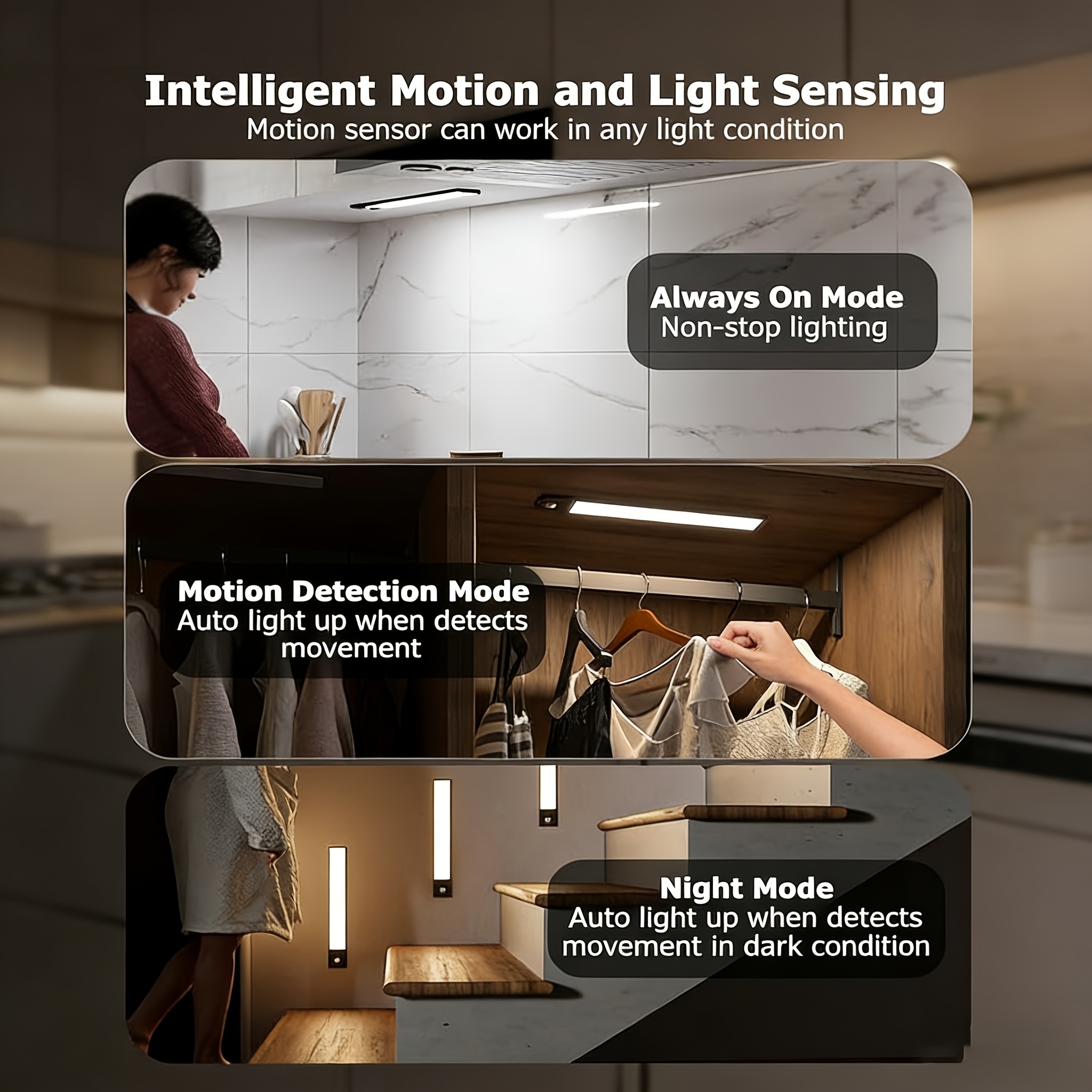 2pcs Ultra-Thin LED Light with Motion Sensor & Steady On Mode