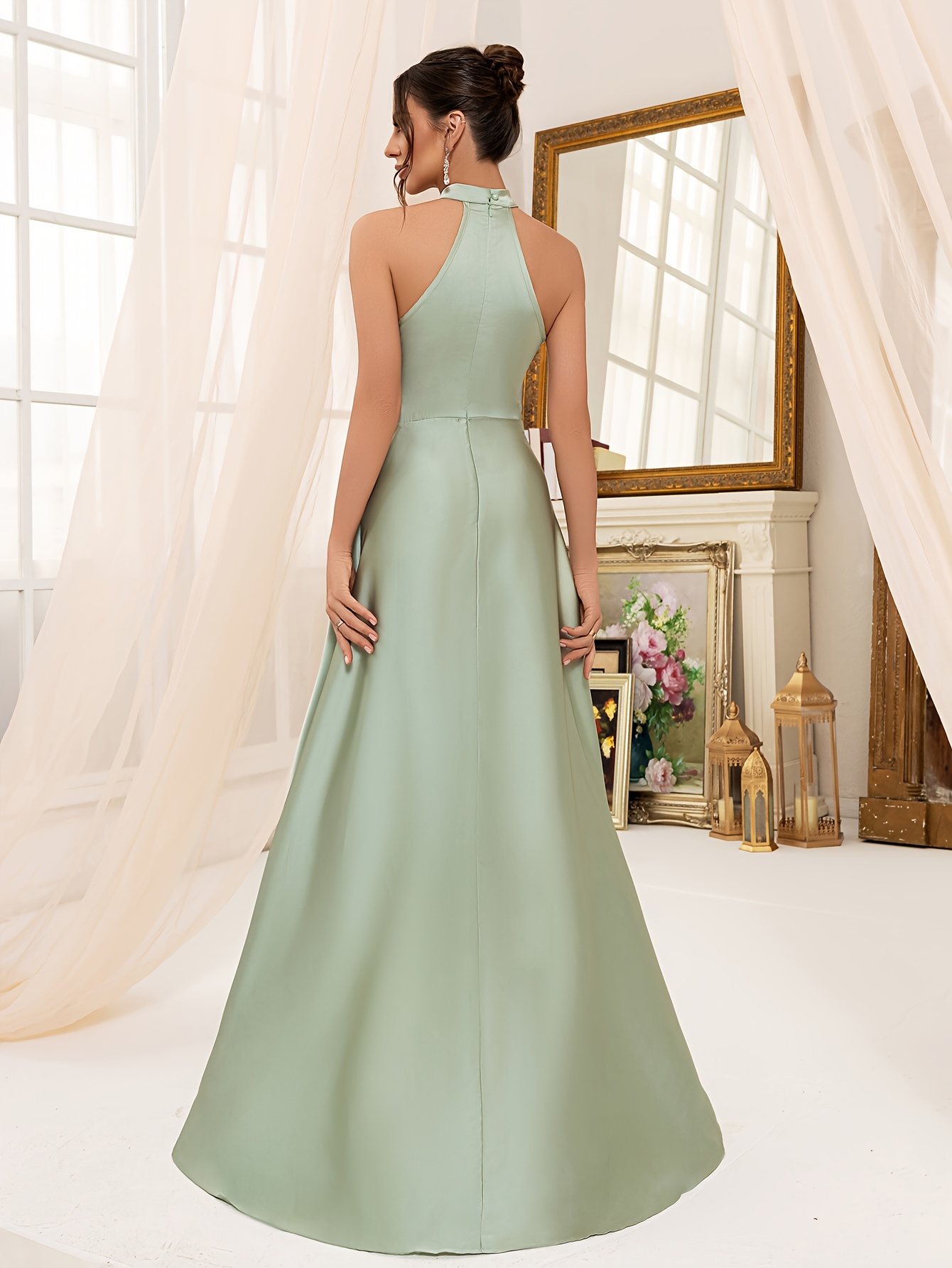 blue dress for baby girl V Neck Plunge Crepe Bridesmaid Dress - Sage main image 0